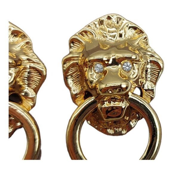 KJL Kenneth J Lane Lion Door Knocker Earrings Rhinestone NOS Avon Vintage 1986 - Picture 3 of 12